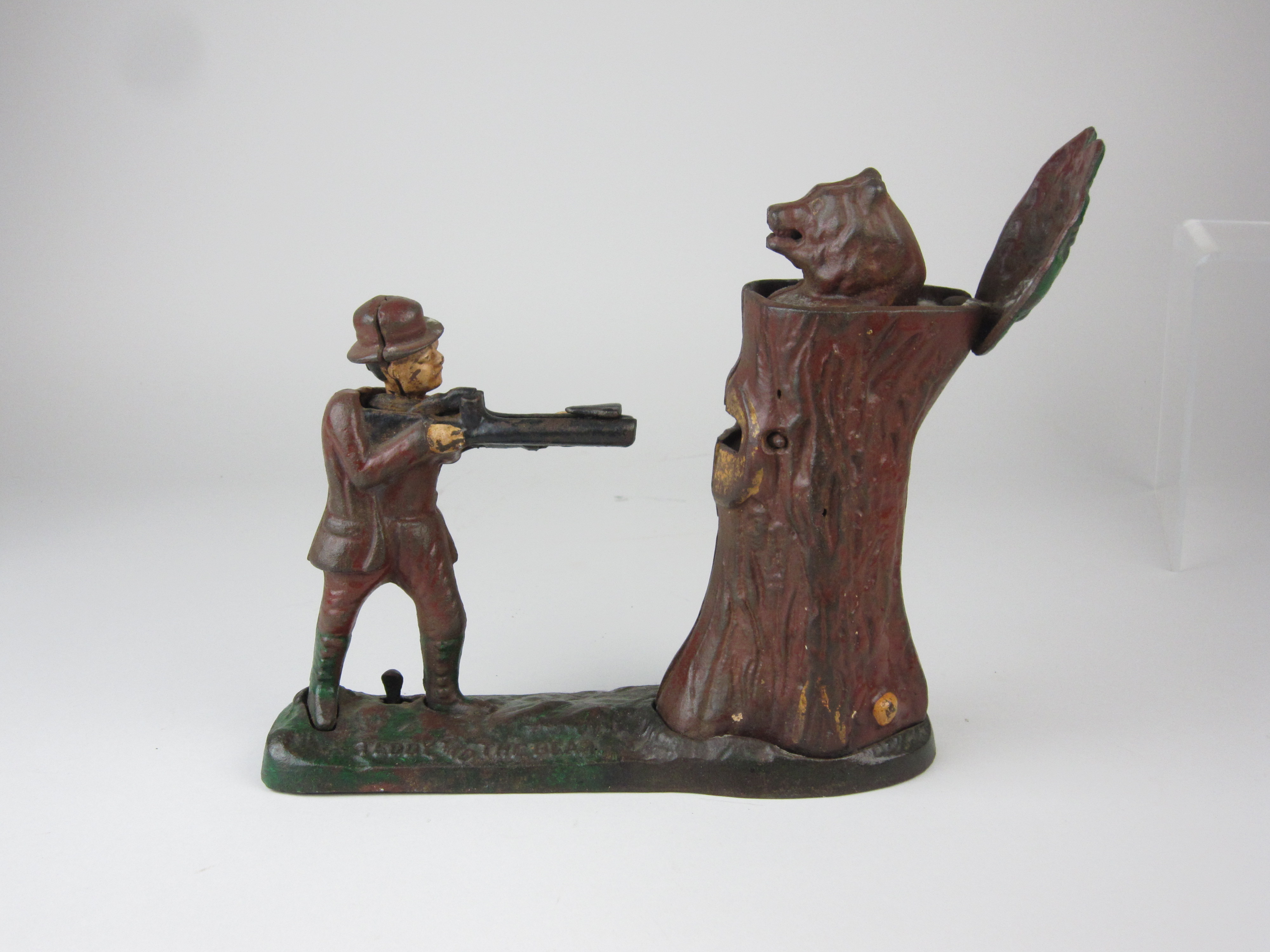 An unusual J E Stevens type cast iron Teddy and The Bear mechanical Money Bank, 9in H - Image 2 of 5
