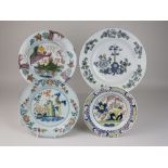 Four 18th Century English and Dutch polychrome Delft Dishes, decorated in the Chinese style, largest