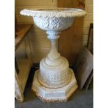 A cast iron white painted Pedestal Urn on plinth, 3ft 5in H