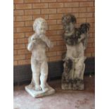 A pair of Standing Garden Cherubs with sheaf of corn and pipe, on square bases, 3ft