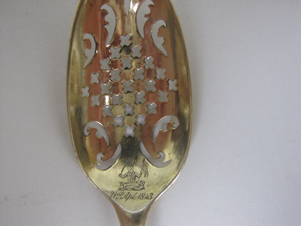 An 18th Century silver-gilt Mote Spoon with saltire cross and scroll piercing, engraved crest and - Image 5 of 5