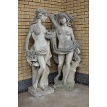 A pair of large Garden Figures of Classical Maidens with nest of doves and acorns on square bases,
