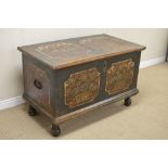 A 19th Century Continental pine Blanket Box painted panels of baskets of flowers, iron carrying