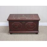 A 19th Century Continental painted pine small Blanket Box, the moulded front panels decorated birds,