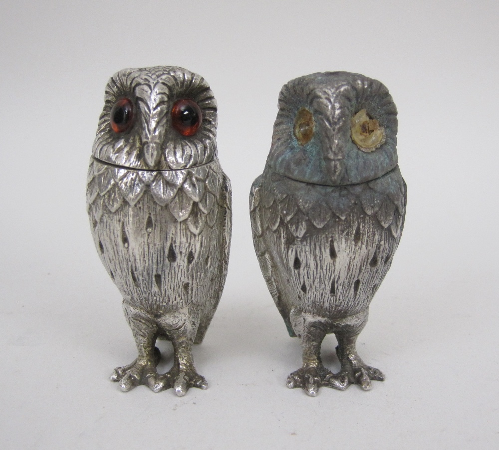 An Elizabeth II silver Salt and Pepper in the form of Owls, London 1961, eyes missing from salt