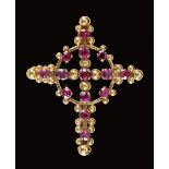 A Ruby Cross Pendant/Brooch claw-set round stones throughout in 18ct gold