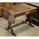 A Regency rosewood Sofa Table with brass inlay fitted two frieze drawers on cheval base, 3ft 2in