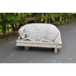 A carved white marble reclining Sheep on rectangular tablet base, 32 x 12in