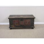 A 19th Century Continental painted pine Blanket Box with reserves of figures and text, on turned