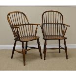 Two 19th Century Windsor Armchairs in ash and elm with stick backs, solid seats on turned legs