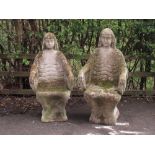 Two composition Garden Elbow Chairs in the form of seated female figures with spiral woven hair,