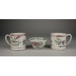 Two Bow Coffee Cans and a Tea Bowl painted floral patterns in famille rose enamels, small chip to