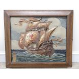 A plaster Plaque of a sailing ship in a moulded wooden frame, signed Dejong, 18 x 22in