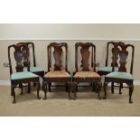 A set of four early 18th Century walnut Dining Chairs with shaped top rails, solid vase splats,