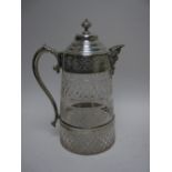 A Victorian EP mounted and lidded cut glass Claret Jug with fruiting vine etched frieze, diamond