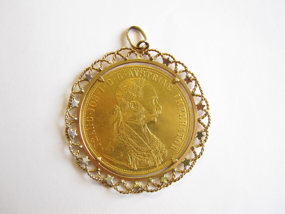An Austrian 4 Ducat gold Coin in 18ct gold wirework pendant mount - Image 2 of 2