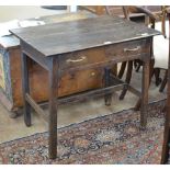 An 18th Century oak Side Table fitted single frieze drawer upon chamfered supports united by H-