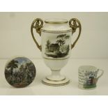 A Regency Spode Vase, pottery child's Mug and Prattware Potlid, the vase decorated in sepia