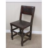 A 17th Century oak Side Chair with leather upholstered back and seat on bobbin turned and square