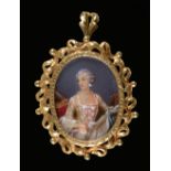 A painted Portrait Miniature Pendant of lady in 18th Century costume in pierced 18ct gold frame