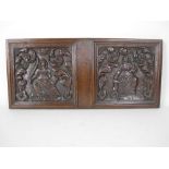 A pair of 17th Century oak Panels carved woman and chidren within leafage scrolls, 9 x 20in, mounted