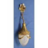 A French gilt metal Ceiling Light with rose and swag decoration and etched frosted glass shade, 15in