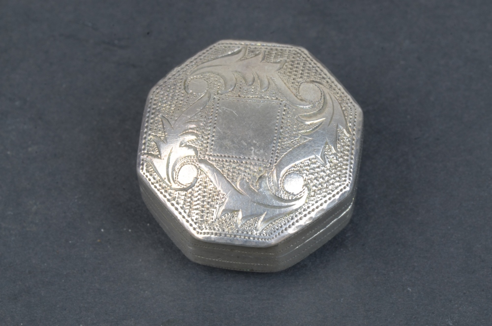 A George III silver small octagonal Vinaigrette with leafage engraving, vacant cartouche, Birmingham
