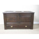 A 17th Century oak Mule Chest with panelled top and front fitted drawer to base, 4ft 1in W