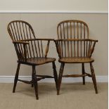 Two 19th Century Windsor Armchairs in ash and elm with stick backs, solid seats on turned legs