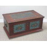 A 19th Century Continental painted pine Blanket Box with panels of flowers on a blue ground, 3ft