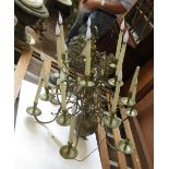 A brass Chandelier with three tiers of eighteen scroll branches with bulbous base, 2ft 6in H