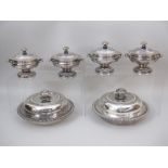 A set of four 19th Century Sheffield plated two handled circular Sauce Tureens and Covers, and a