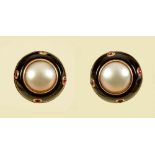 A pair of half Pearl, Ruby and Enamel Earrings stamped Trianon in 14ct gold