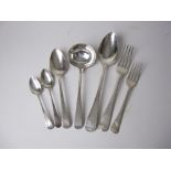 A George III silver matched set of Cutlery, old english pattern, some engraved crests, viz:Six Table