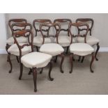 A set of eight 19th Century rosewood Dining Chairs with shaped backs, stuff over seats on cabriole