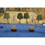 A pair of brass and cut glasss two branch Table Lamps with shades, 14 1/2 in H