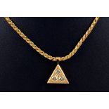 A Diamond Pendant pavé-set three brilliant-cut stones in triangular mount on rope twist chain in