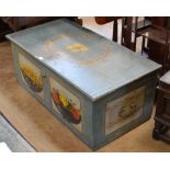 A 19th Century Continental blue painted Blanket Chest decorated with two panels depicting bowls of