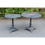 Two cast iron Garden Tables with pierced circular tops, 2ft 11in and 2ft 3in