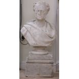 A marble Bust of a Gentleman in robes mounted upon square plinth, engraved M. Noble, London 1866,