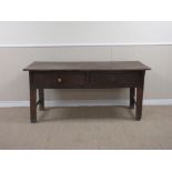 An antique oak Farmhouse Table with plank top above two drawers on square legs, 5ft 5in x 2ft 4in