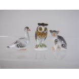 A Meissen miniature Duck, Cat and Owl with painted details, approx 1 1/2 - 2in, blue crossed