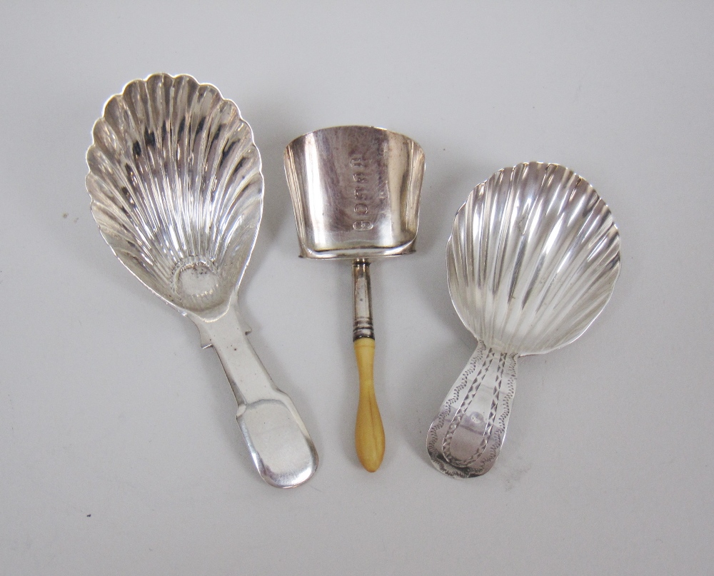 A George III silver Caddy Spoon with scallop bowl and bright-cut stem, London 1792, maker: G.W.,