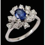 A Sapphire and Diamond Cluster Ring claw-set oval-cut sapphire, estimated 1.00ct, within fourteen