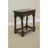 An antique oak Joint Stool with moulded rectangular top on bulbous turned and square supports united