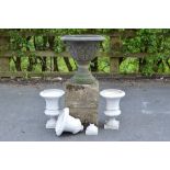 Six small white painted cast iron Garden Urns on square bases, 12in, and a small composition Urn