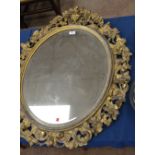 A 19th Century carved giltwood oval Mirror with leaf, scroll and grape surround with urn surmount,