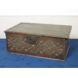 A 17th Century oak Bible Box with hinged top and carved front, 2ft W