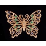 A gem-set Butterfly Brooch the openwork wings claw-set round emeralds and sapphires in 14ct gold