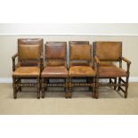 A set of eight 17th Century style oak Dining Chairs with leather upholstered backs and seats on